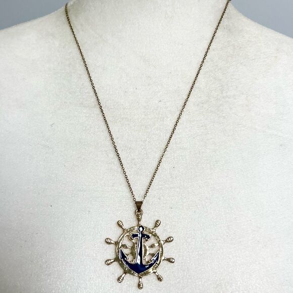 Amrita Singh Nautical Ship Wheel Navy Anchor Pendant Necklace on Gold Tone Chain - Picture 1 of 4